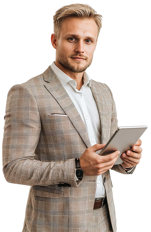 Man with tablet representing quick processing low charges and trusted credit card services